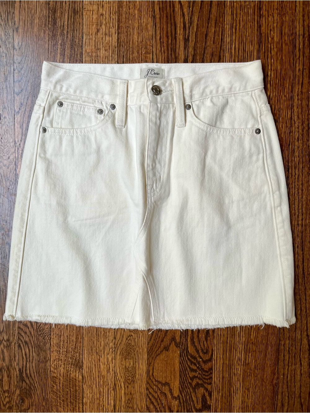 J. Crew Cream Denim Mini Skirt with Frayed Hem